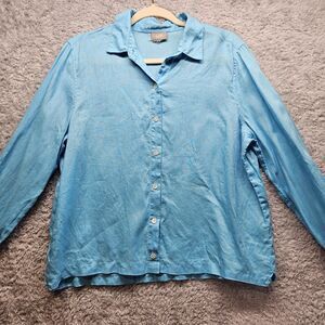 J Jill Womens Blue Linen Blouse Small Button Up Lightweight Casual